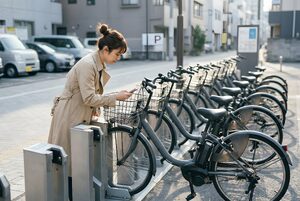 ポートでシェアサイクルを借りる女性