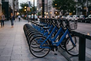 夕暮れの街角に並ぶ青いシェアサイクル