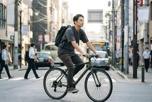 クロスバイクで通勤する男性