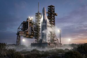 朝焼けの発射台に立つロケット