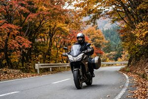 紅葉の山道を走るツーリングバイク